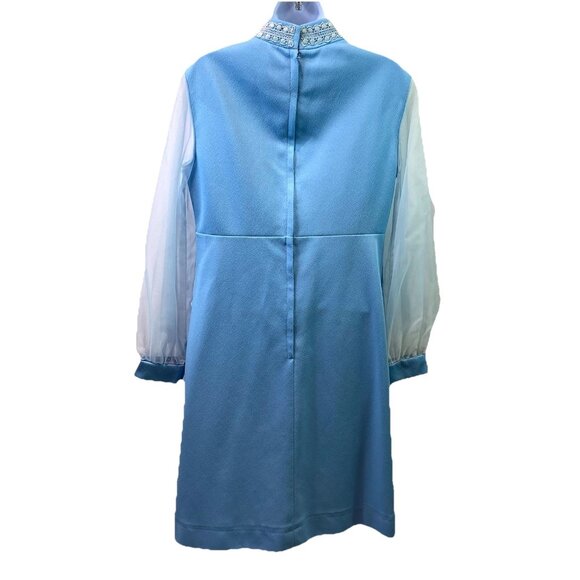 Vtg 70s Womens Dress Light Blue Keyhole Neck Sheer Sleeves Stretch Sz 13/14 - Picture 2 of 9